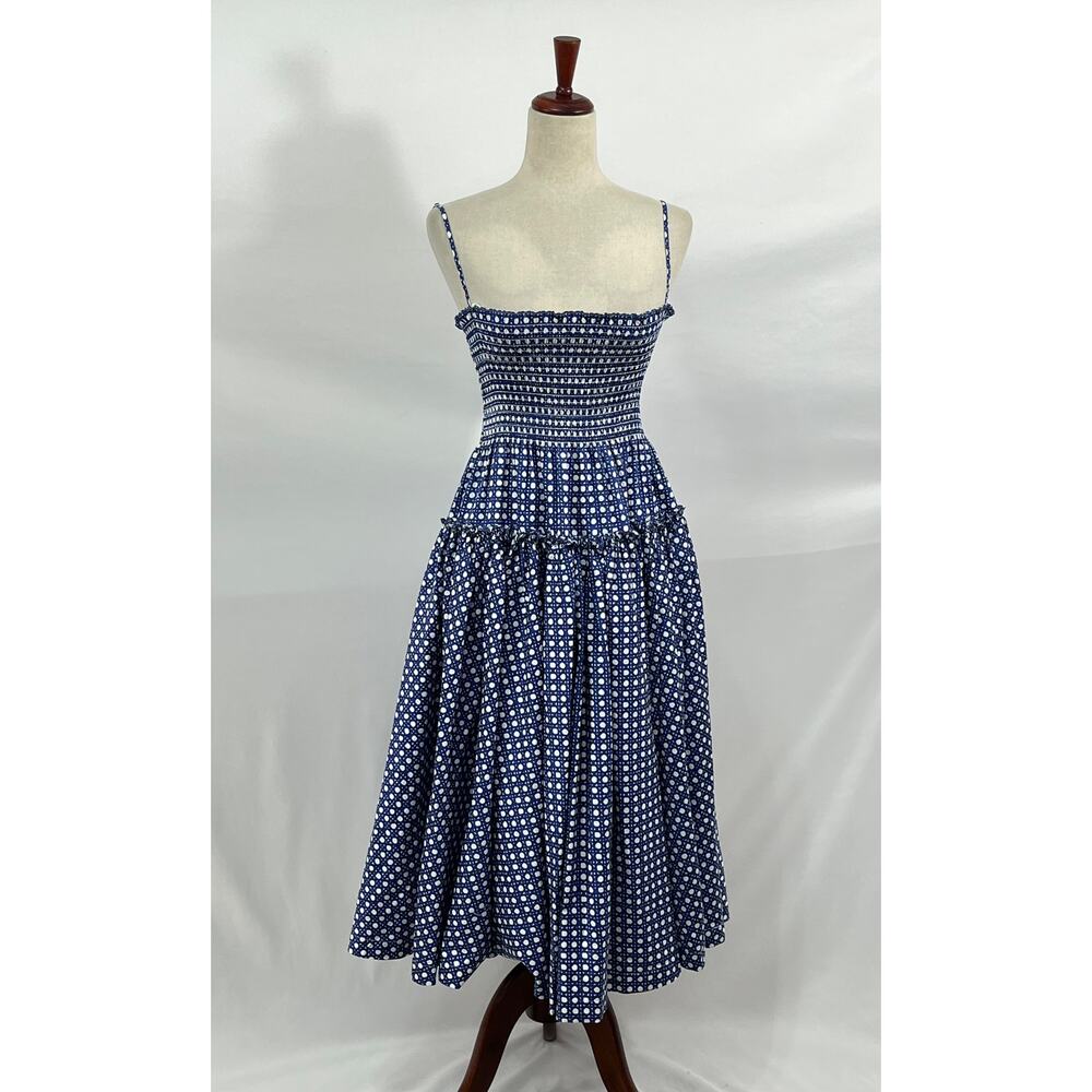 HILL HOUSE Sz XS Blue Basketweave Print Seraphina Midi Dress - Picture 9 of 11